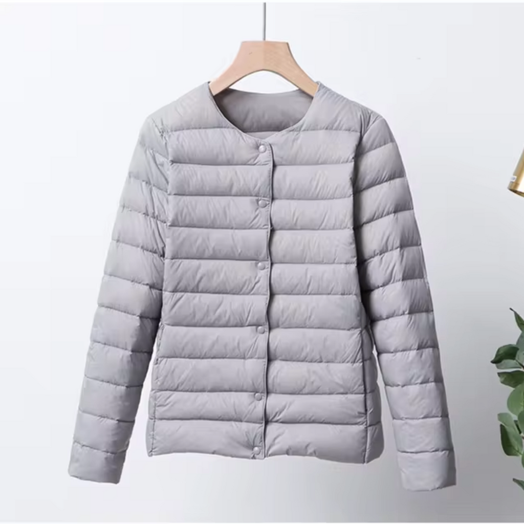 NOUVEAU RICHE Damen Ultradünne Daunenjacke Leicht Warm Kurzes Design Grau