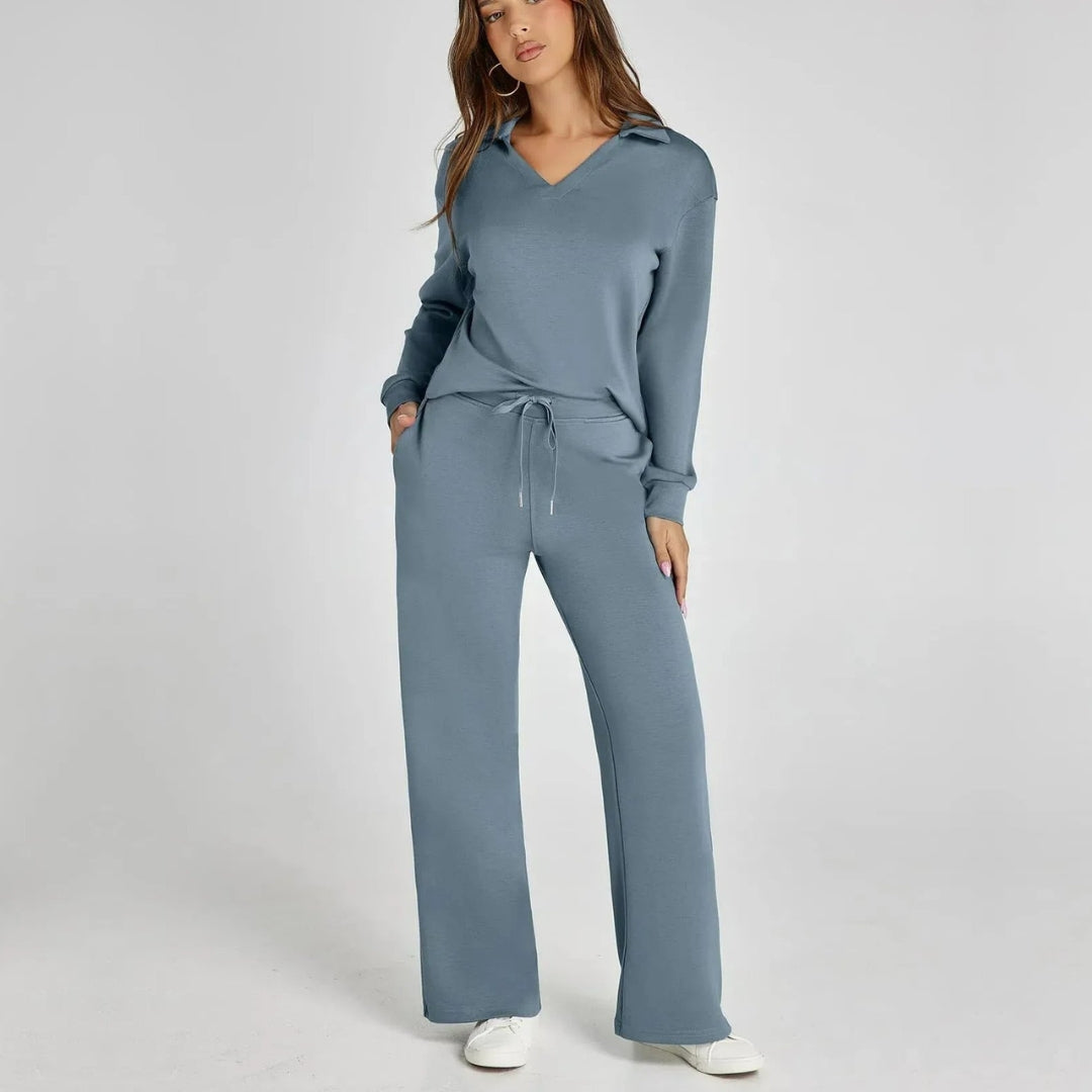 Damen Loungewear Set mit V-Ausschnitt Pullover und Weit Geschnittener Hose | Bequemer Hausanzug für Alltag und Freizeit