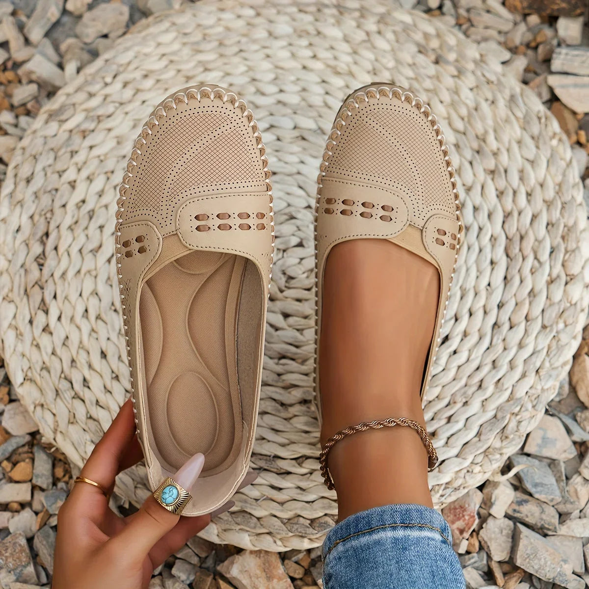 Women's Breathable Slip-On Shoes | Comfortable Slip-On Loafers with Perforated Pattern and Soft Sole for Everyday Wear | Lightweight Loafers
