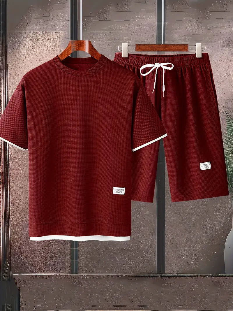 Waffle Knit Set for Men | Short Sleeve T-Shirt and Shorts Two-Piece | Breathable Casual Set with Drawstring | Relaxed Fit