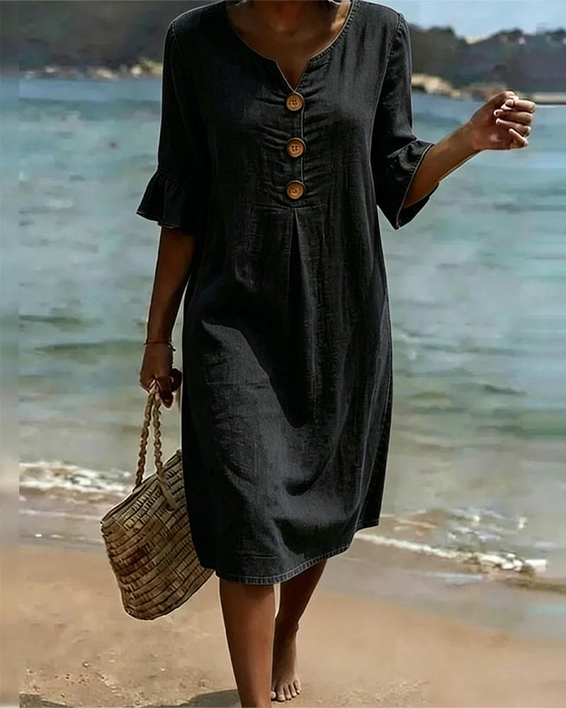 Women's Denim Dress | Loose Summer Dress with Button Placket | Comfortable Midi Dress with Half Sleeves and Round Neckline