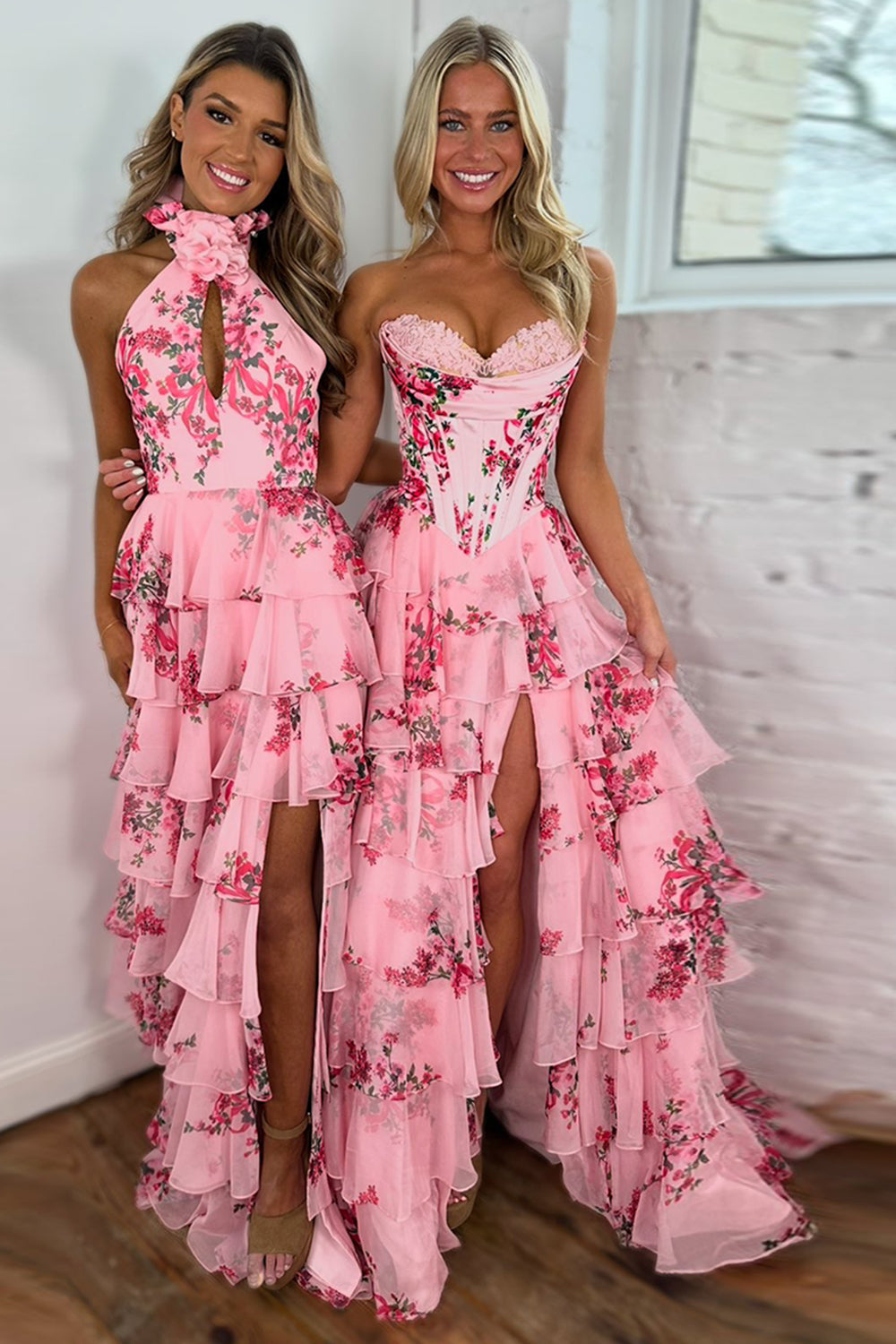 Maxi dress with floral pattern for wedding guests | Elegant corset dress with ruffles and tiered skirt for festive occasions
