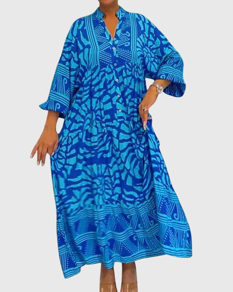 Women's Maxi Dress with V-Neck and Half-Length Sleeves | Airy Summer Dress with Print in a Loose Fit for Everyday Wear