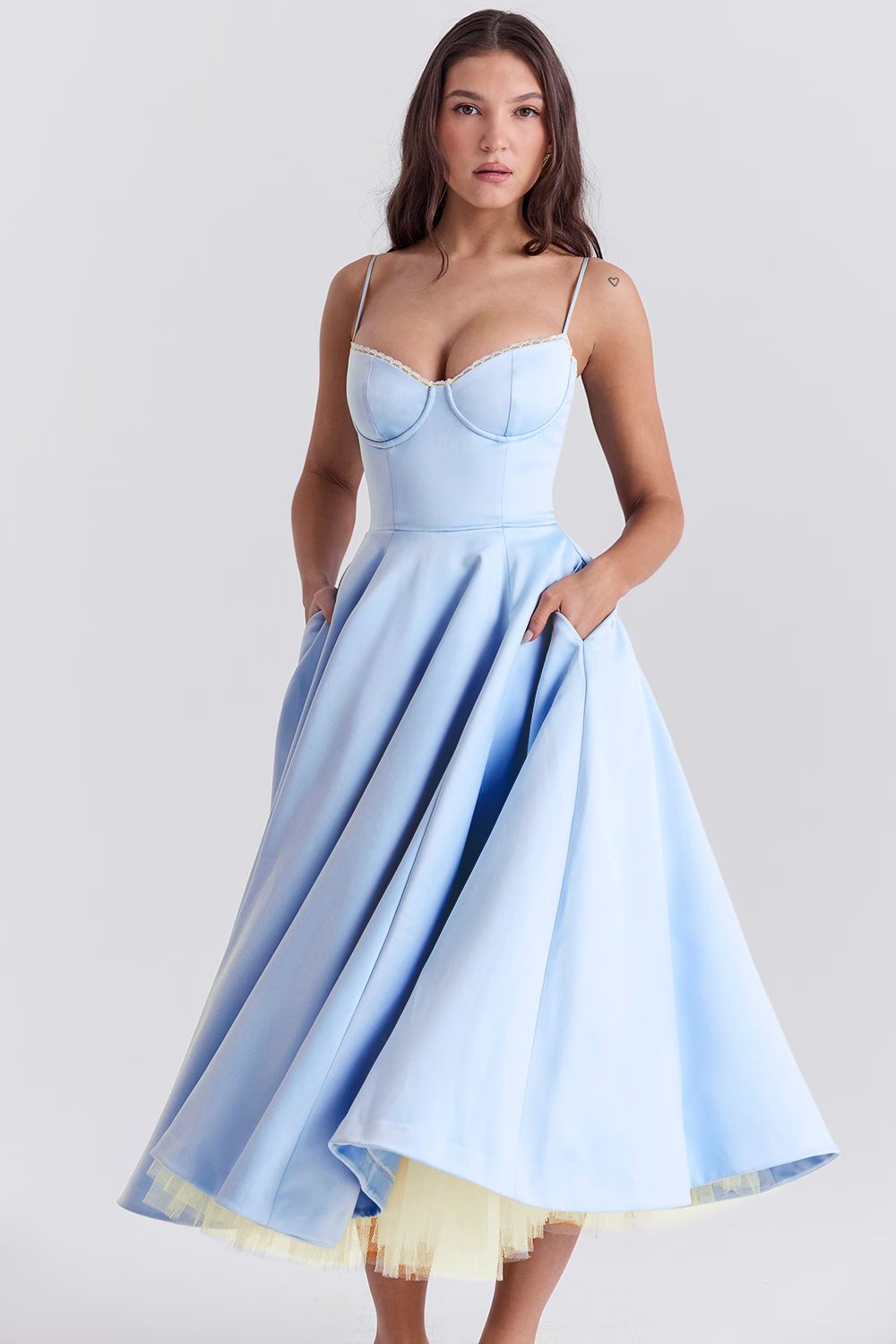 Women's midi dress with corset top and tulle skirt | Festive dress for wedding guests with sweetheart neckline and pockets