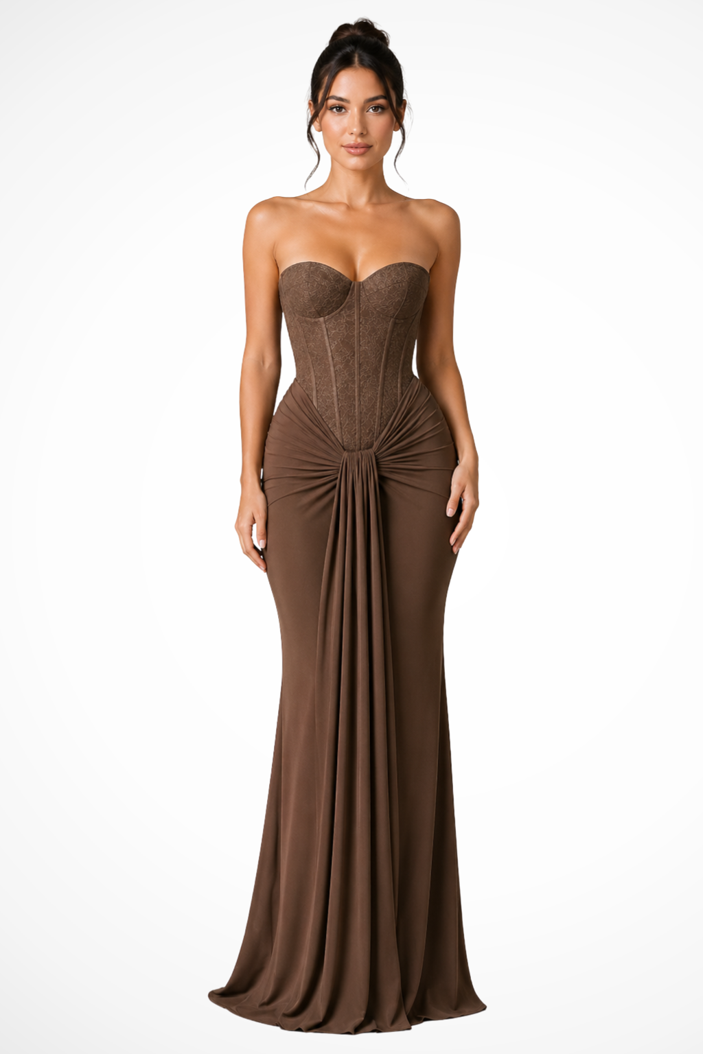 Damen Maxikleid für Hochzeitsgäste | Trägerloses Corsagenkleid mit Spitze und drapierter Optik | Festliches Abendkleid Bodenlang