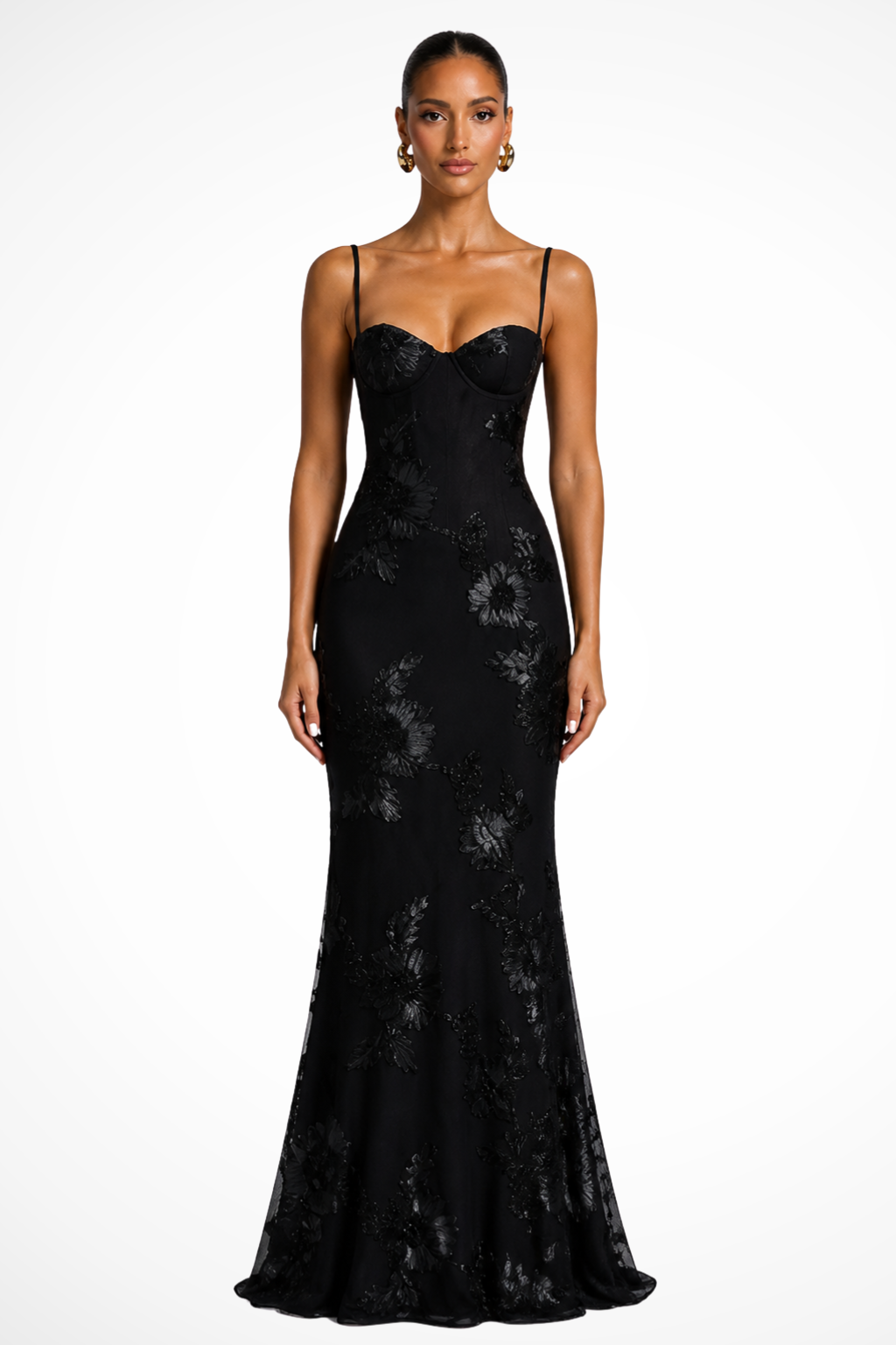 Damen Maxikleid für Hochzeitsgäste mit floraler Stickerei und Corsage, festliches langes Kleid mit schmalen Trägern