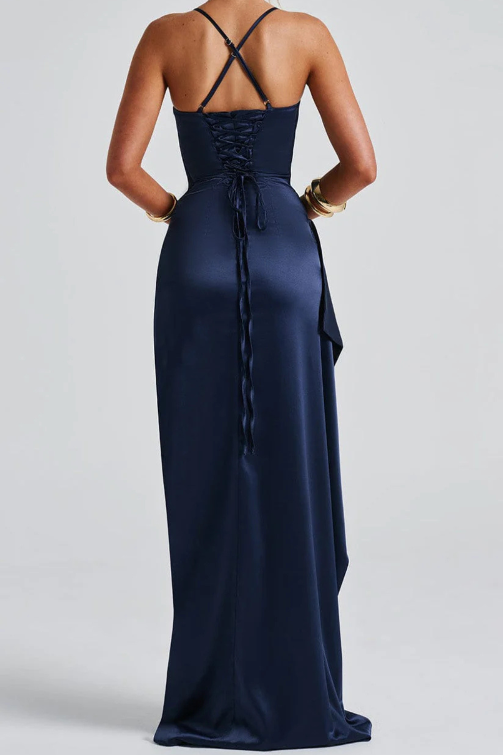 Women's Maxi Dress with Spaghetti Straps and Leg Slit | Elegant Evening Dress for Wedding Guests with Waist Ruching