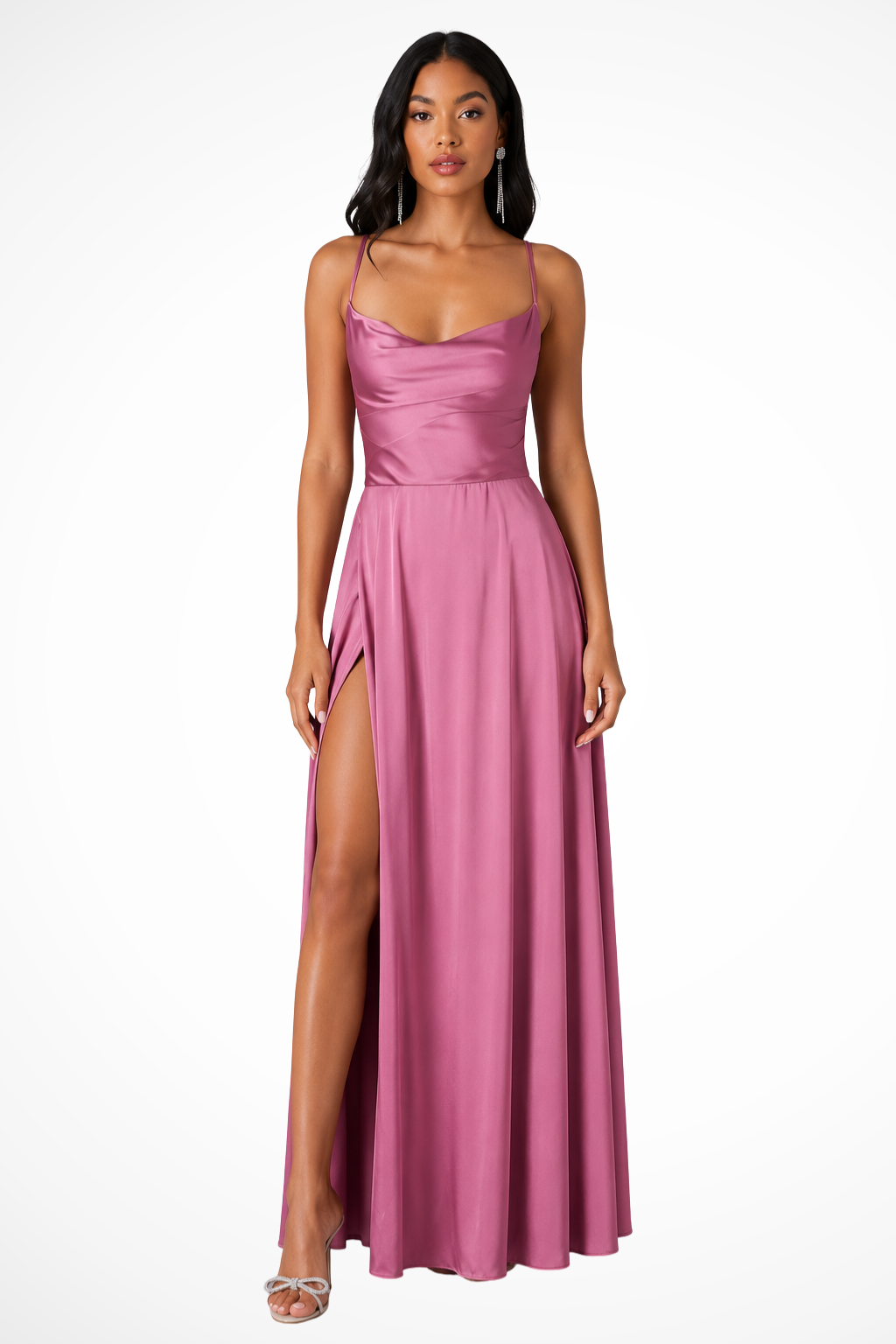 Women's satin maxi dress with waterfall neckline and side slit | Festive evening dress for wedding guests and events