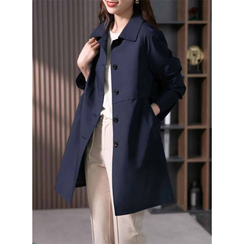 Water-repellent trench coat for women | Mid-length transitional coat casual design | Classic raincoat with pockets