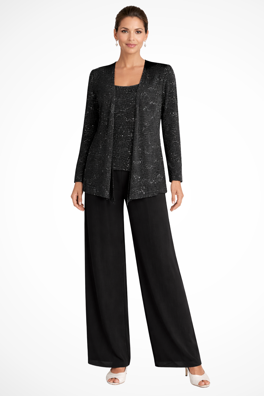 Women's 3-Piece Formal Pantsuit | Set with Sequin Lace Jacket and Wide-Leg Pants | Elegant Outfit for Wedding Guests