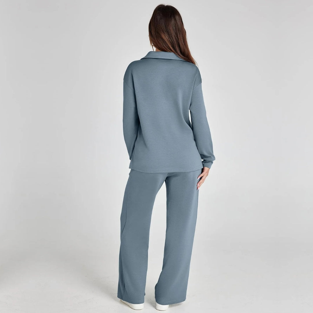 Damen Loungewear Set mit V-Ausschnitt Pullover und Weit Geschnittener Hose | Bequemer Hausanzug für Alltag und Freizeit