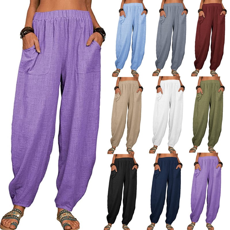 Leinenhose Damen mit Gummibund | Bequeme Haremshose aus Baumwolle-Leinen-Mix | Luftige Freizeithose mit Taschen für den Alltag