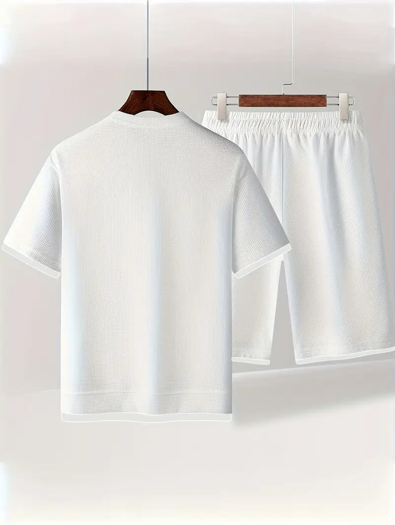 Waffle Knit Set for Men | Short Sleeve T-Shirt and Shorts Two-Piece | Breathable Casual Set with Drawstring | Relaxed Fit