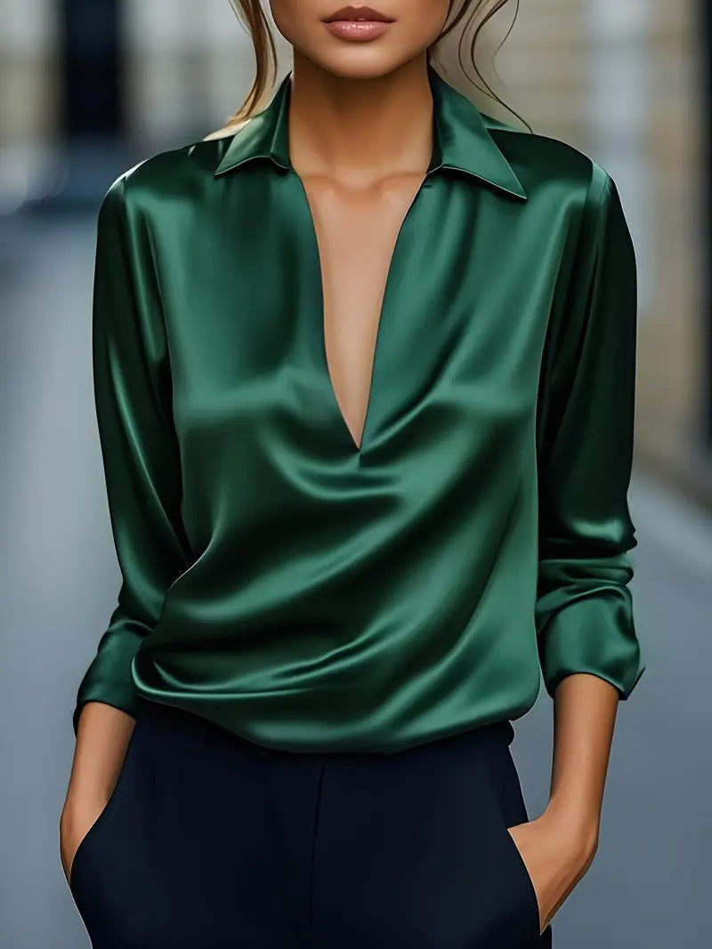 Women's Stylish, Versatile Satin-Look Blouse with V-Neck