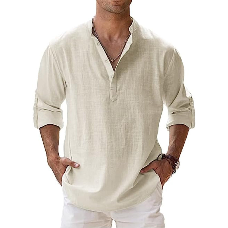 Men's Linen Shirt with Henley Neckline | Breathable Summer Shirt Made of Lightweight Linen | Classic Long-Sleeve Casual Shirt