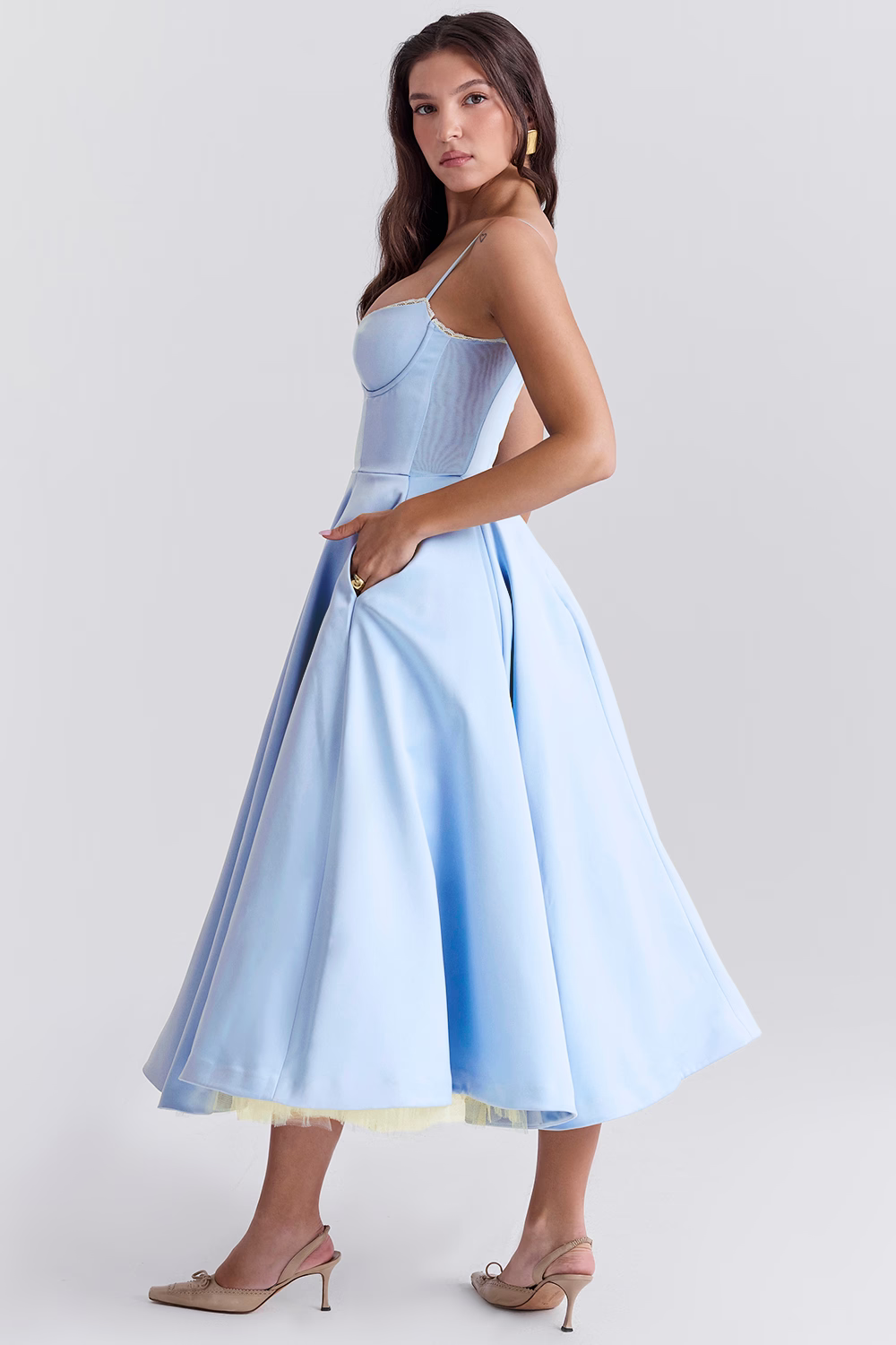 Women's midi dress with corset top and tulle skirt | Festive dress for wedding guests with sweetheart neckline and pockets