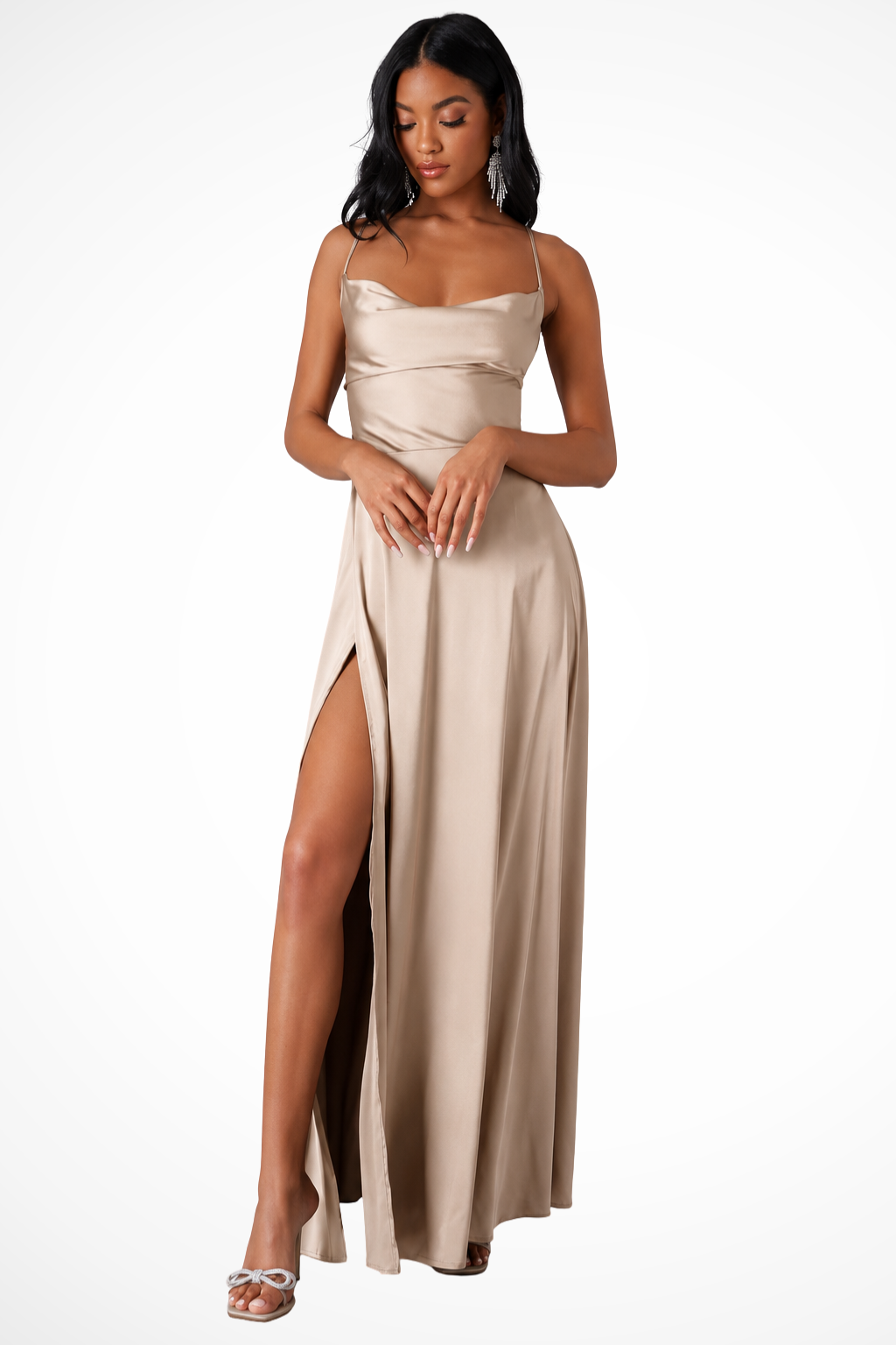 Women's satin maxi dress with waterfall neckline and side slit | Festive evening dress for wedding guests and events