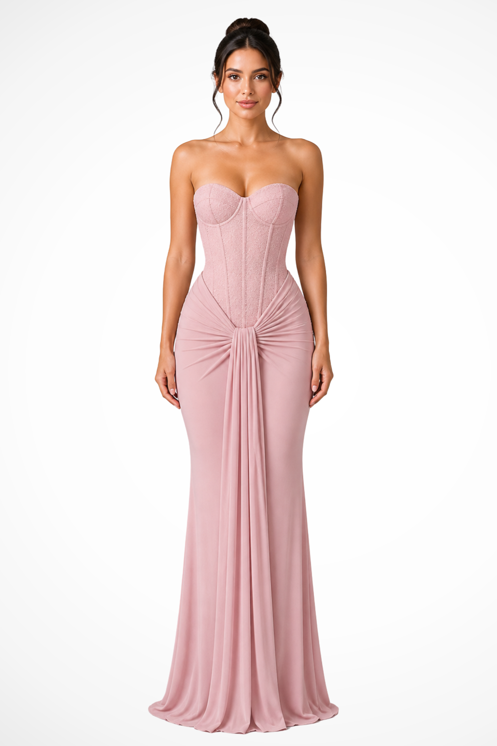 Damen Maxikleid für Hochzeitsgäste | Trägerloses Corsagenkleid mit Spitze und drapierter Optik | Festliches Abendkleid Bodenlang