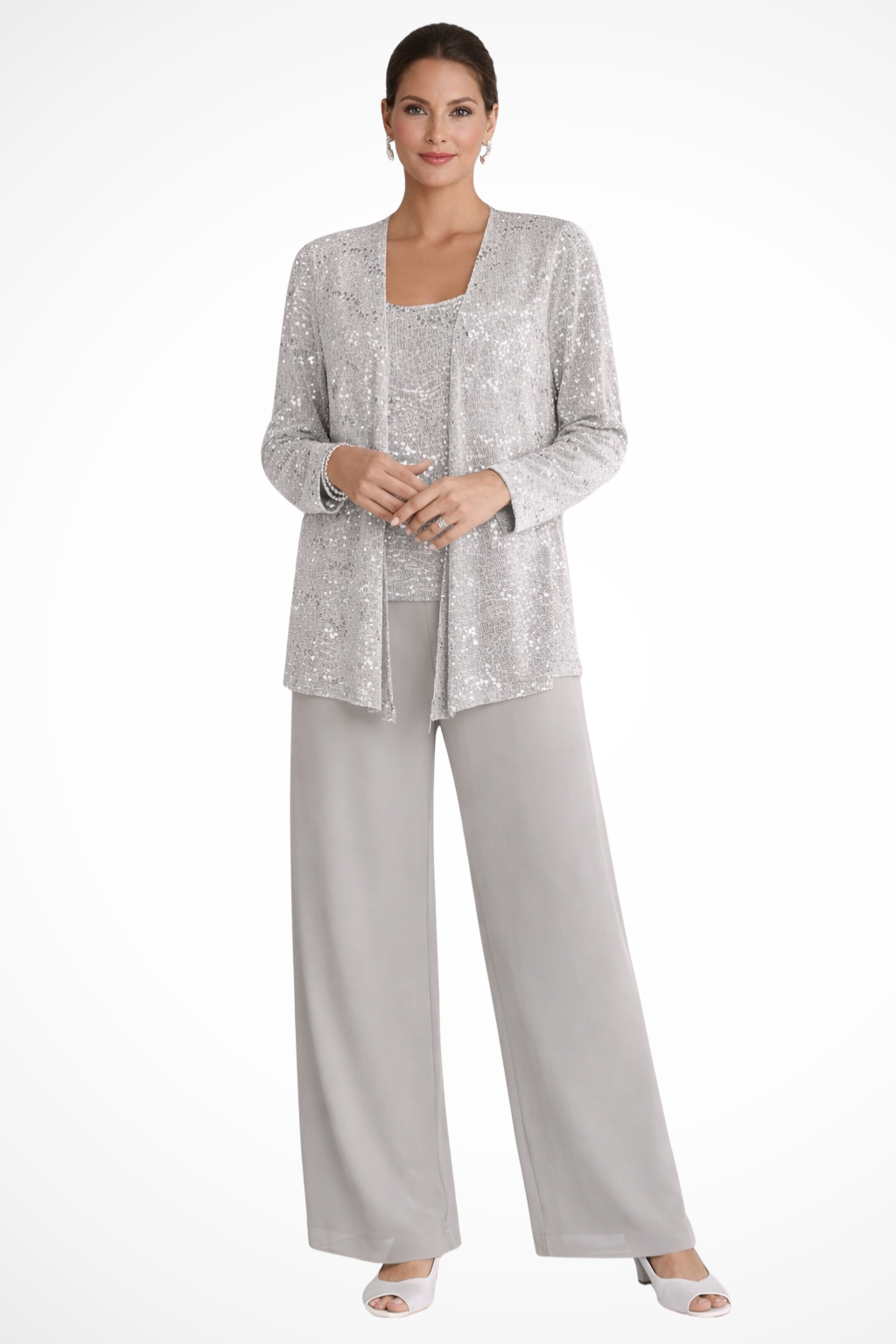 Women's 3-Piece Formal Pantsuit | Set with Sequin Lace Jacket and Wide-Leg Pants | Elegant Outfit for Wedding Guests