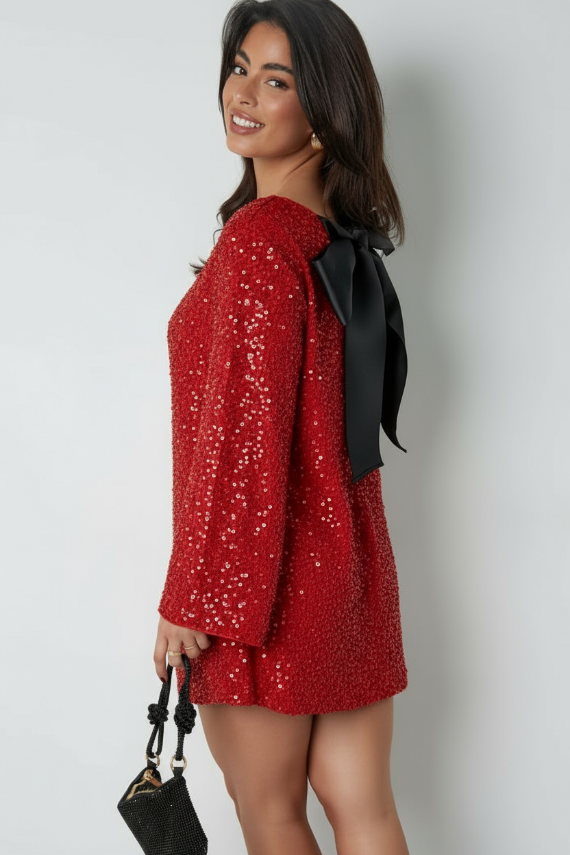 Livia Rotes Glitzerkleid mit langen Ärmeln