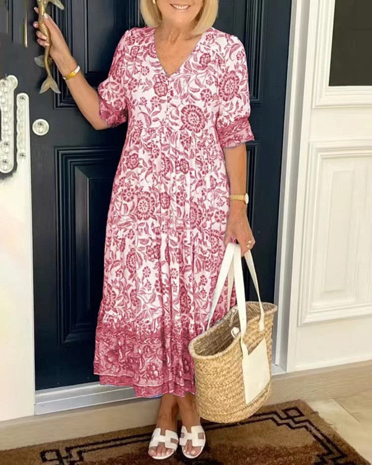 Women's Maxi Dress with Floral Pattern | Airy Summer Dress with V-Neck | Floral Casual Dress for Every Day