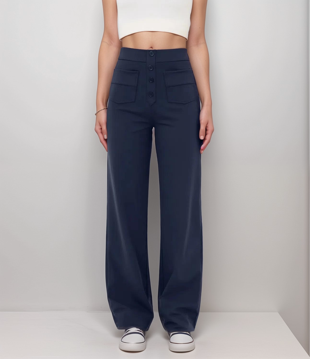 Women's High Waist Pants | Elastic Sculpting Pants with Wide Legs | Comfortable Stretch Pants with Pockets and Shaping Effect