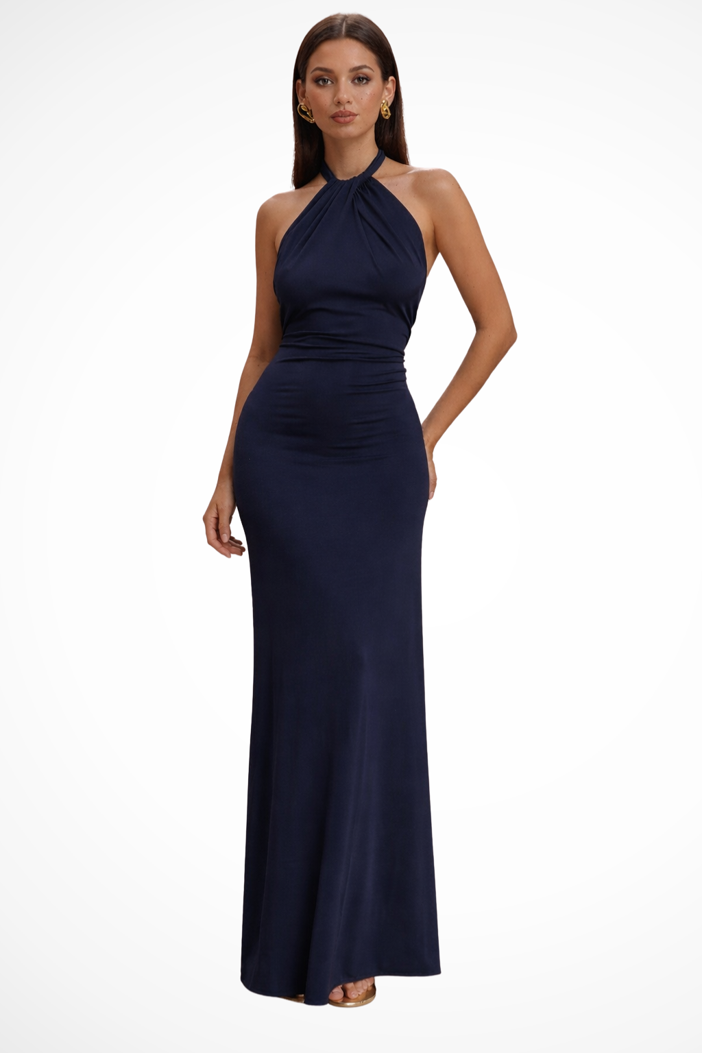 Damen Halterneck-Maxikleid mit Knotendetail und offenem Rücken – Figurbetontes Hochzeitsgast-Kleid