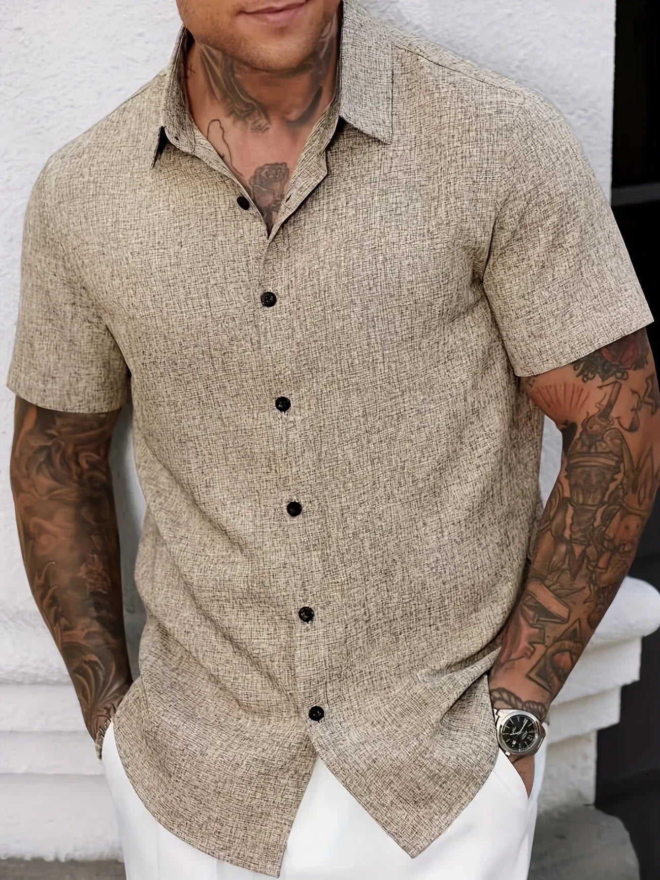 Men's Short-Sleeve Linen Shirt - Lightweight Summer Shirt Made from Linen Blend - Breathable Casual Shirt for Vacation and Everyday Wear