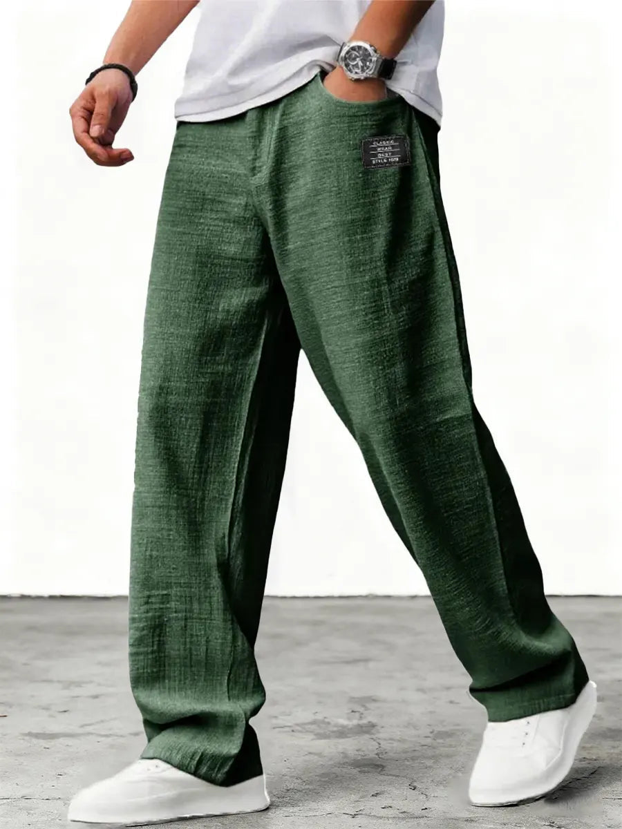 Men's linen pants with wide legs and drawstring | Comfortable fabric pants with a straight cut and practical side pockets