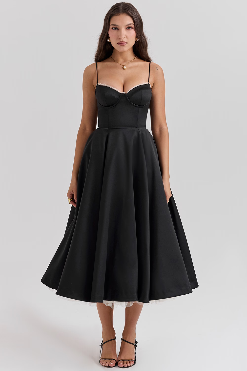 Women's midi dress with corset top and tulle skirt | Festive dress for wedding guests with sweetheart neckline and pockets