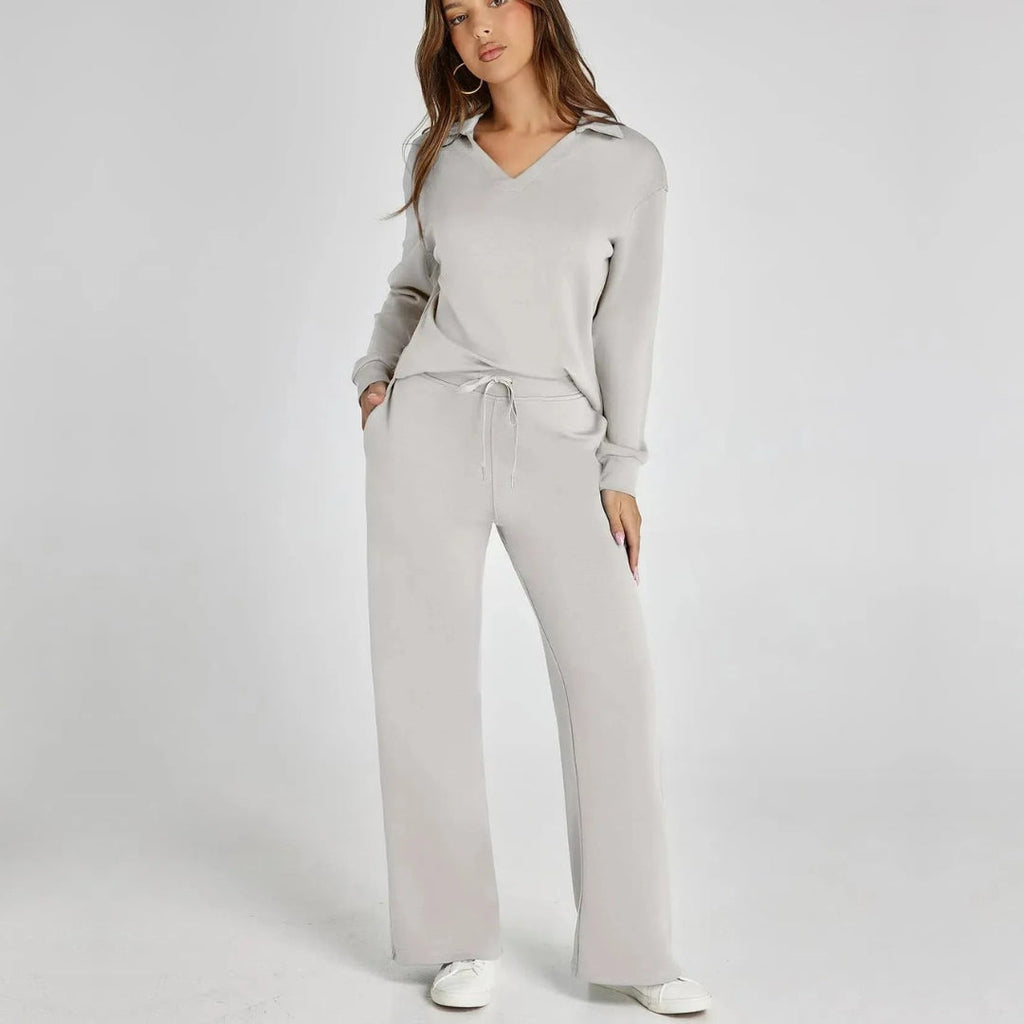 Damen Loungewear Set mit V-Ausschnitt Pullover und Weit Geschnittener Hose | Bequemer Hausanzug für Alltag und Freizeit