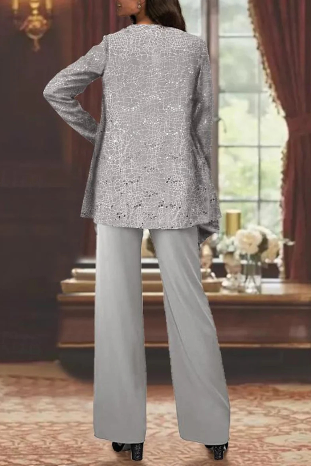 Women's 3-Piece Formal Pantsuit | Set with Sequin Lace Jacket and Wide-Leg Pants | Elegant Outfit for Wedding Guests
