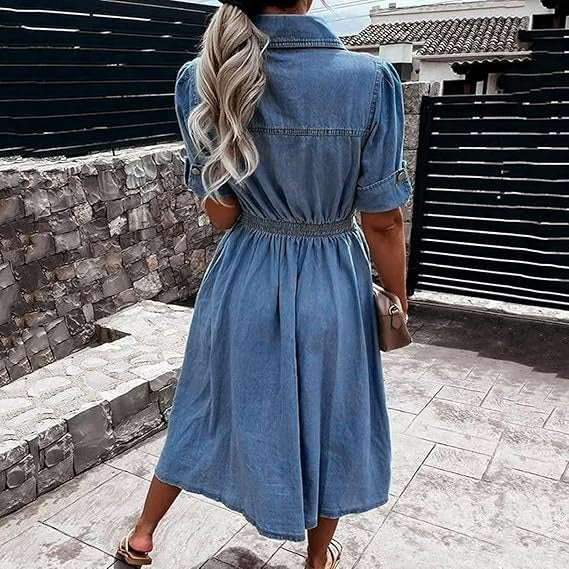 Jeanskleid Damen Midi mit Knopfleiste | Lockeres Denim Kleid mit elastischer Taille | Bequemes Freizeitkleid für jeden Tag