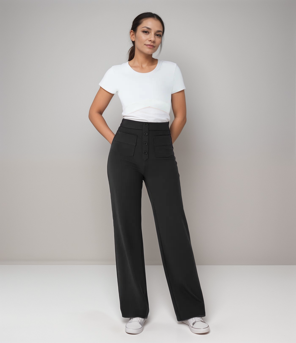 Women's High Waist Pants | Elastic Sculpting Pants with Wide Legs | Comfortable Stretch Pants with Pockets and Shaping Effect