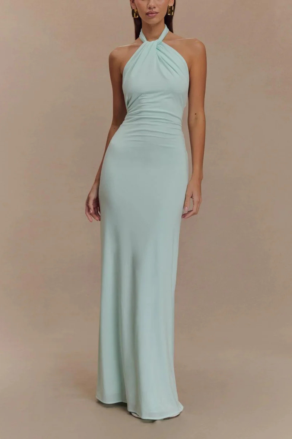 Neckholder Maxi-Kleid für Damen | Rückenfreies Abendkleid mit Raffungen | Elegantes Kleid für Hochzeitsgäste Figurbetont
