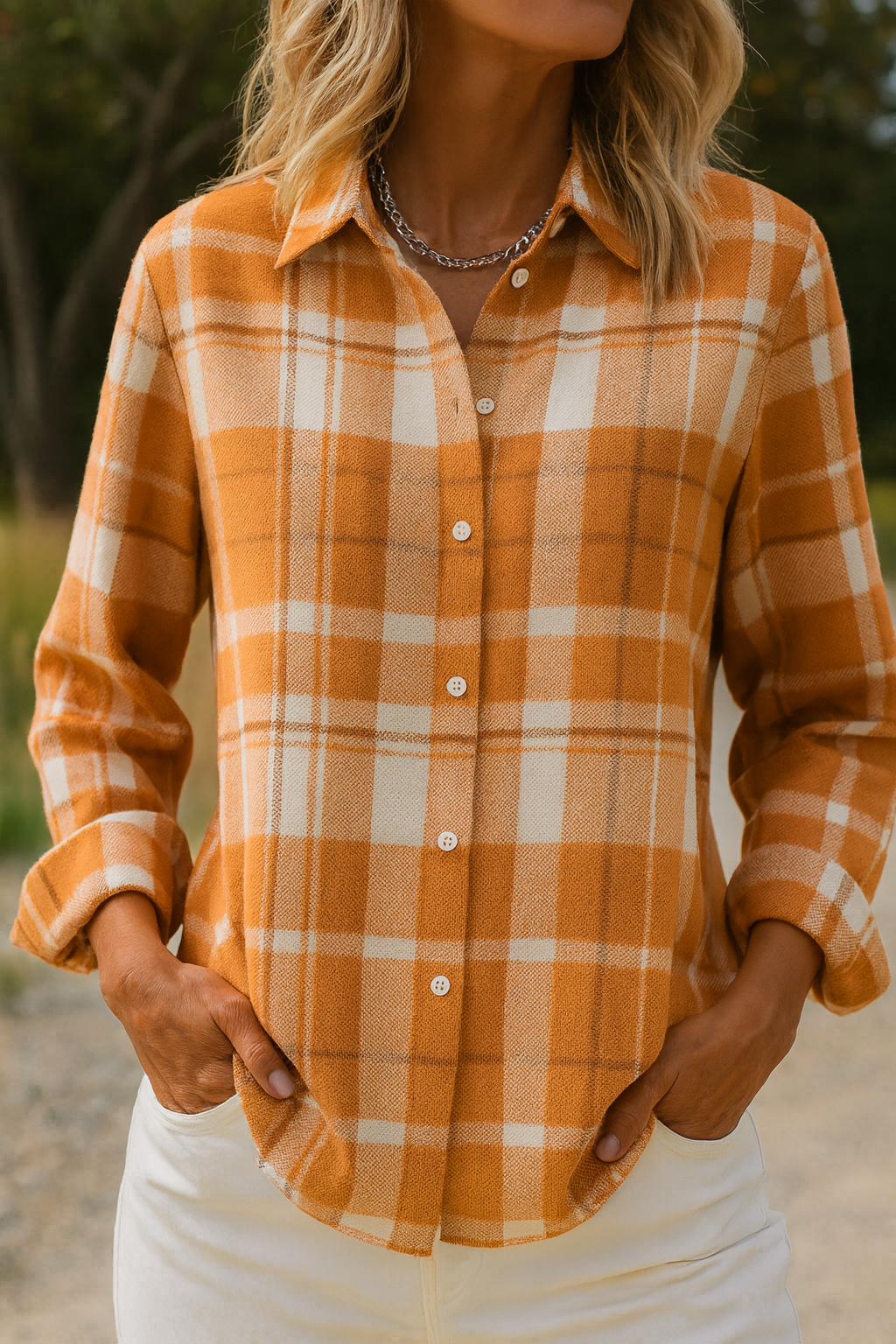 Chemise femme à carreaux col revers | Élégante & confortable - Orange
