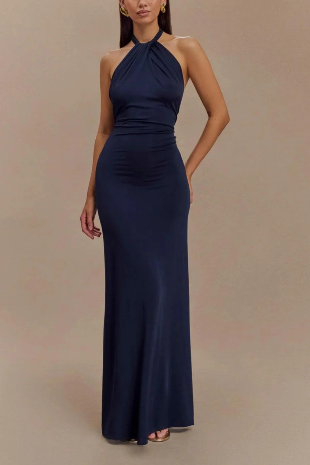 Damen Halterneck-Maxikleid mit Knotendetail und offenem Rücken – Figurbetontes Hochzeitsgast-Kleid