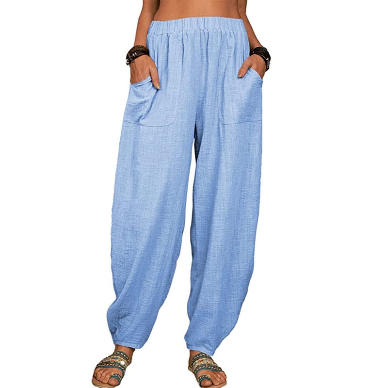 Leinenhose Damen mit Gummibund | Bequeme Haremshose aus Baumwolle-Leinen-Mix | Luftige Freizeithose mit Taschen für den Alltag