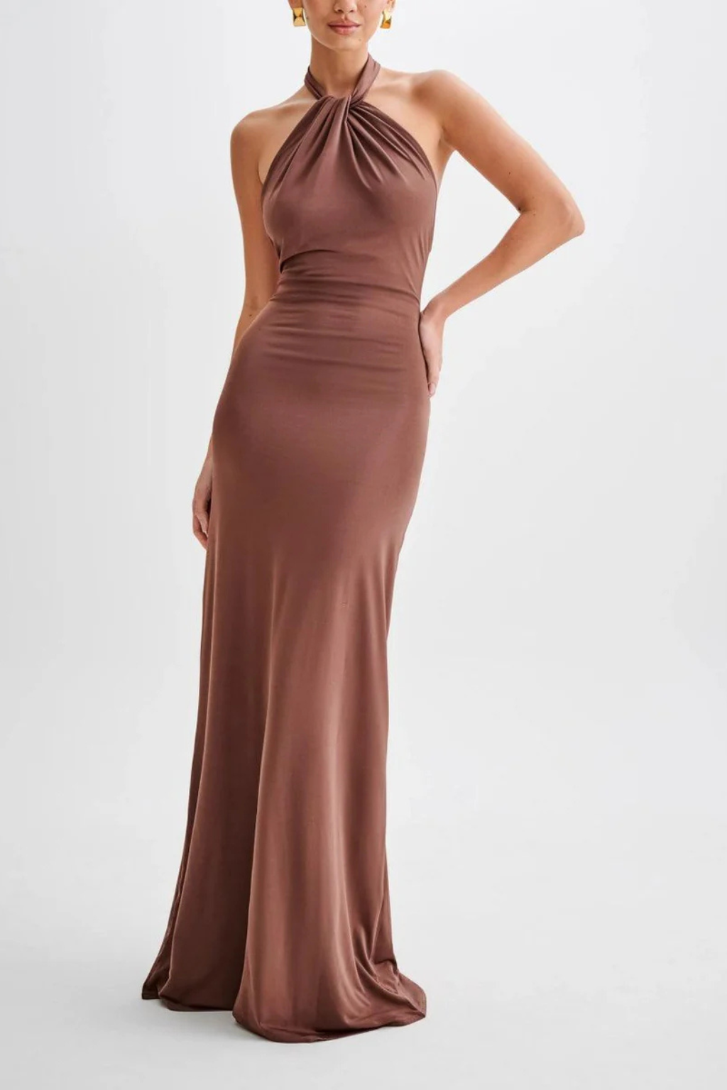 Damen Halterneck-Maxikleid mit Knotendetail und offenem Rücken – Figurbetontes Hochzeitsgast-Kleid