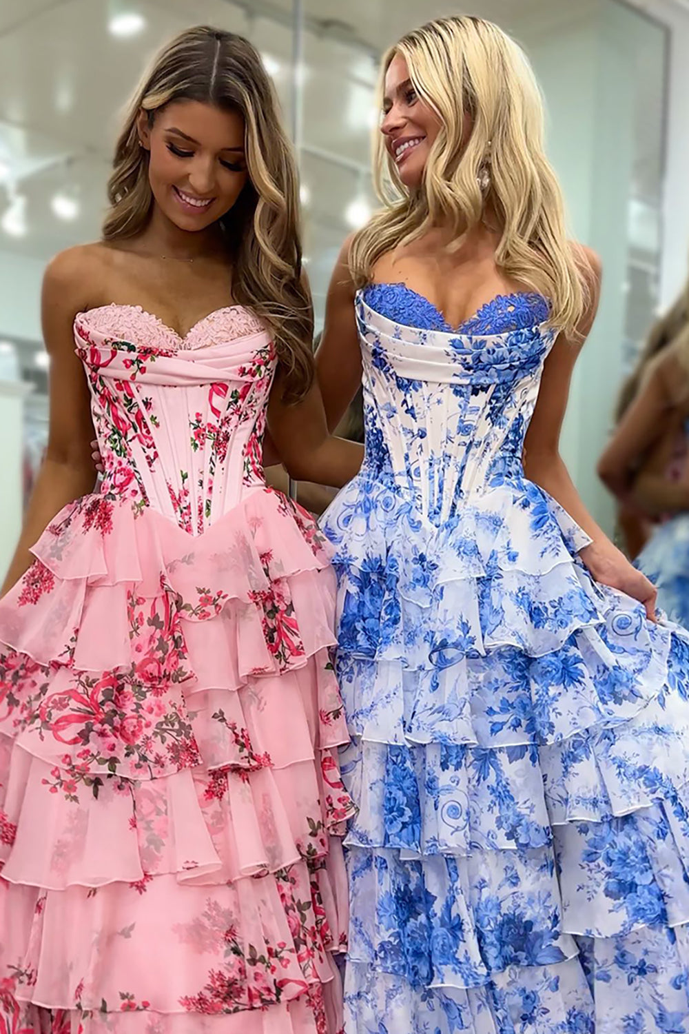 Maxi dress with floral pattern for wedding guests | Elegant corset dress with ruffles and tiered skirt for festive occasions