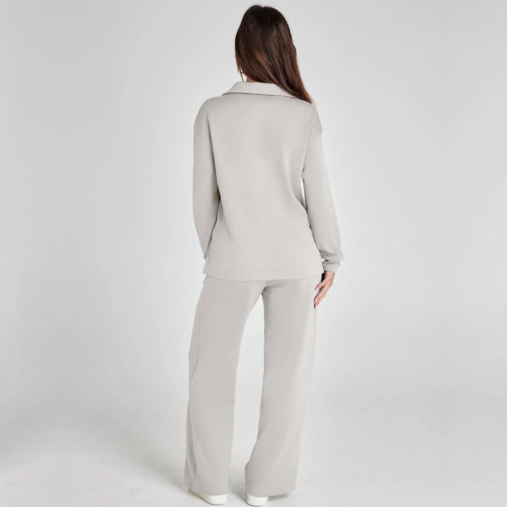 Damen Loungewear Set mit V-Ausschnitt Pullover und Weit Geschnittener Hose | Bequemer Hausanzug für Alltag und Freizeit