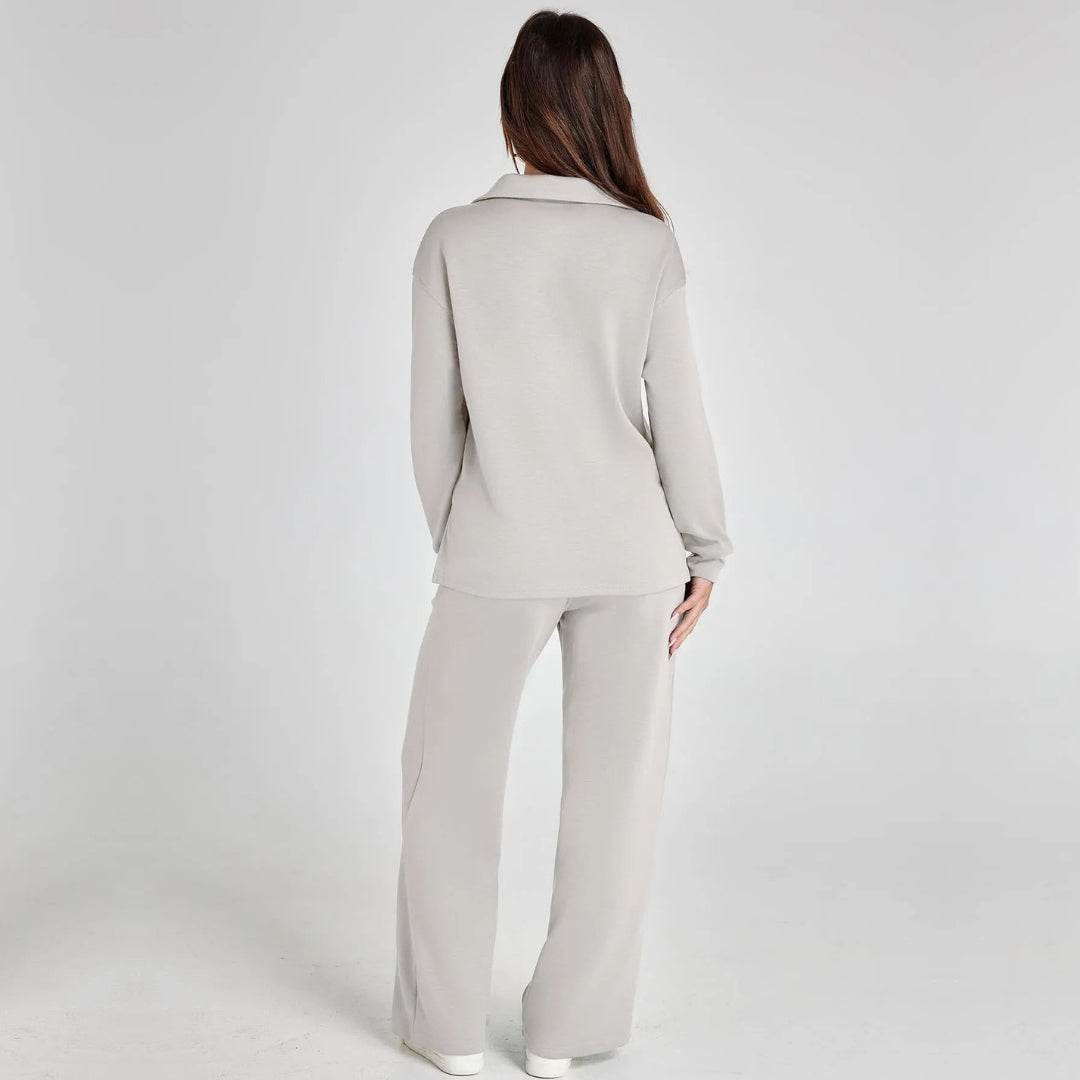 Damen Loungewear Set mit V-Ausschnitt Pullover und Weit Geschnittener Hose | Bequemer Hausanzug für Alltag und Freizeit