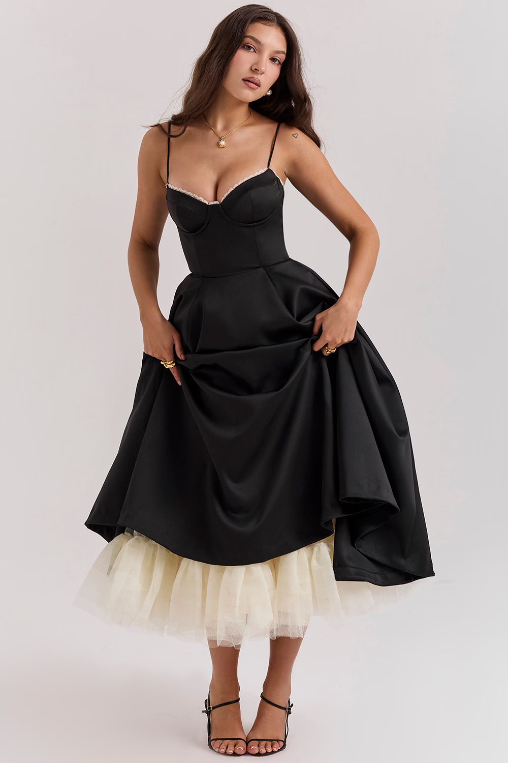 Women's midi dress with corset top and tulle skirt | Festive dress for wedding guests with sweetheart neckline and pockets