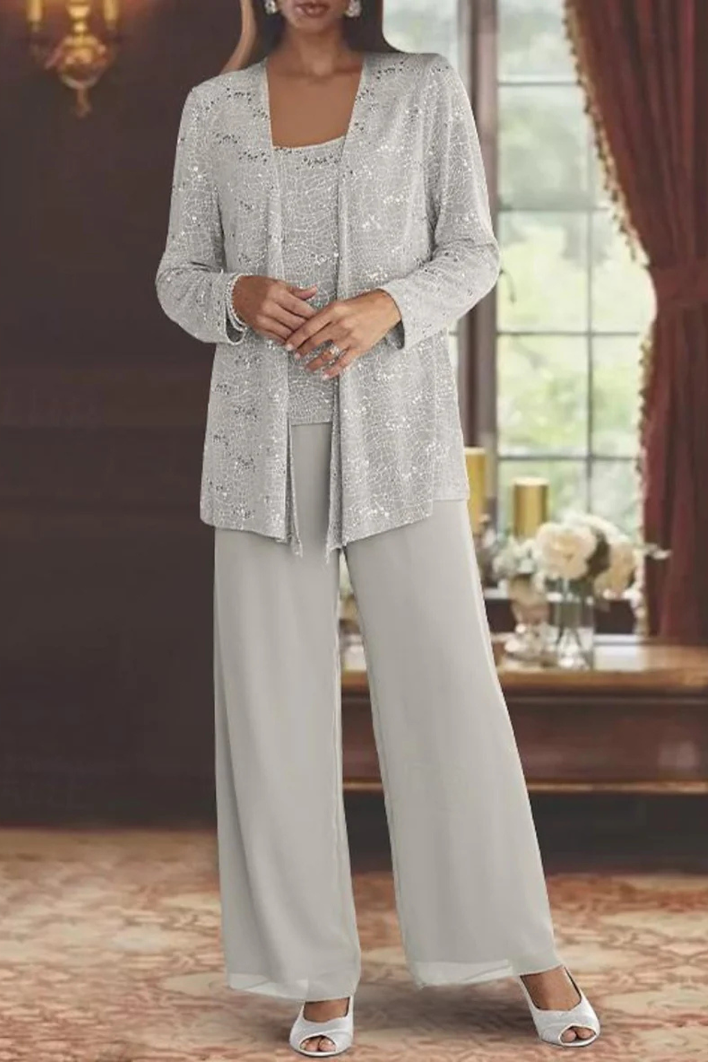Women's 3-Piece Formal Pantsuit | Set with Sequin Lace Jacket and Wide-Leg Pants | Elegant Outfit for Wedding Guests