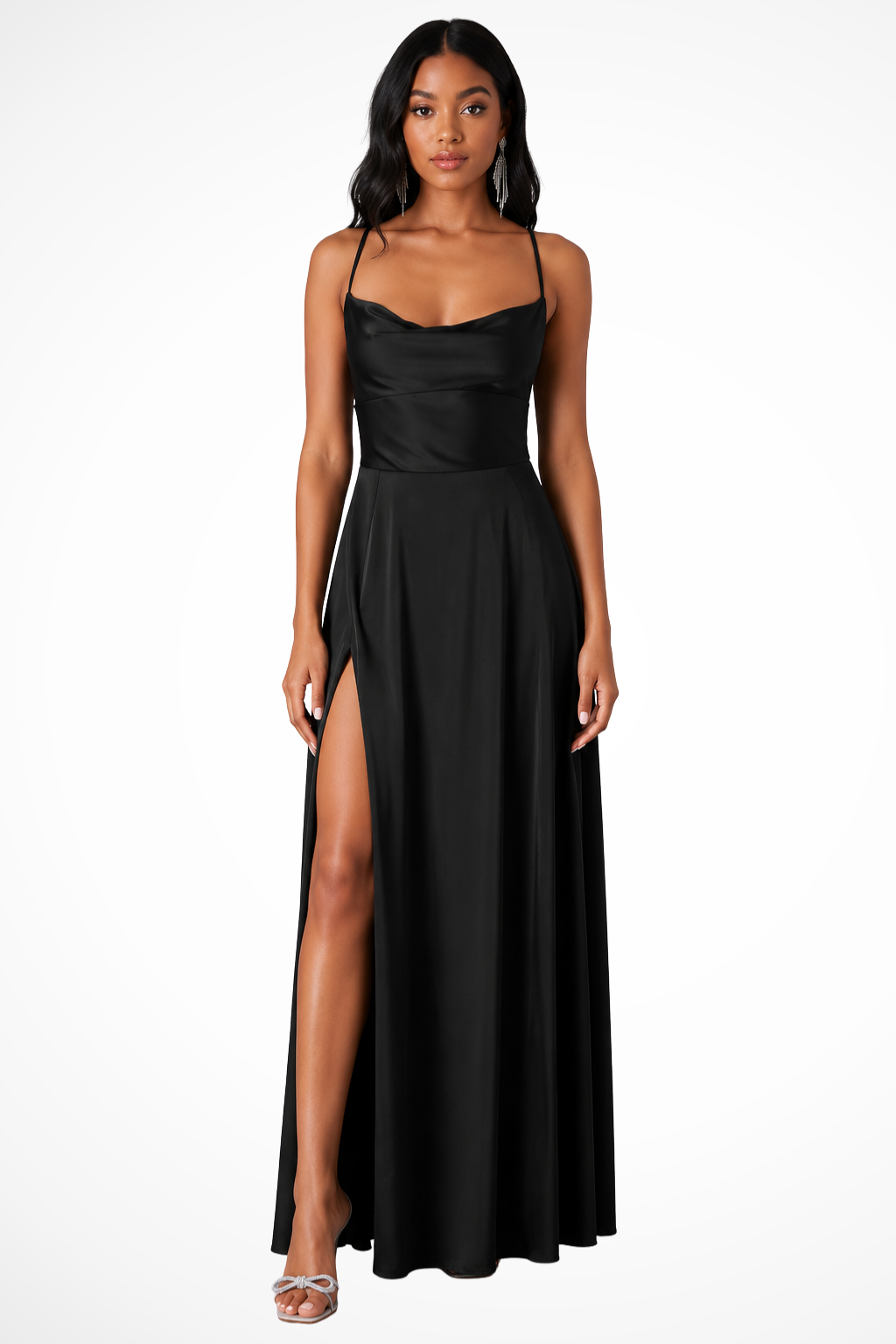 Women's satin maxi dress with waterfall neckline and side slit | Festive evening dress for wedding guests and events