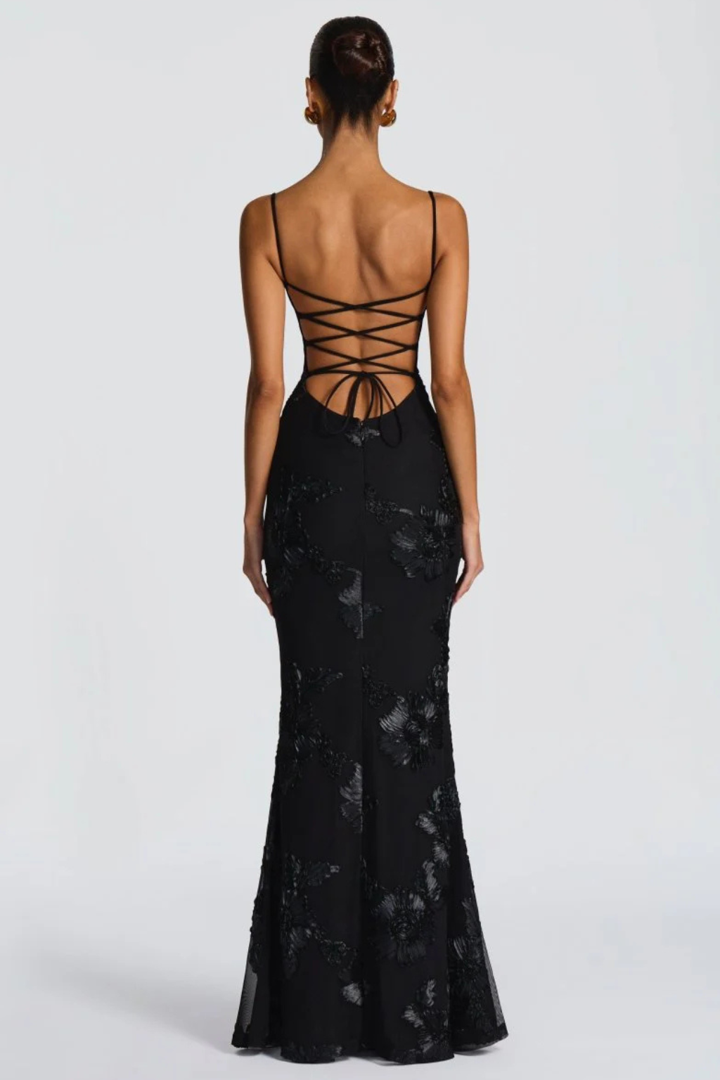 Damen Maxikleid für Hochzeitsgäste mit floraler Stickerei und Corsage, festliches langes Kleid mit schmalen Trägern