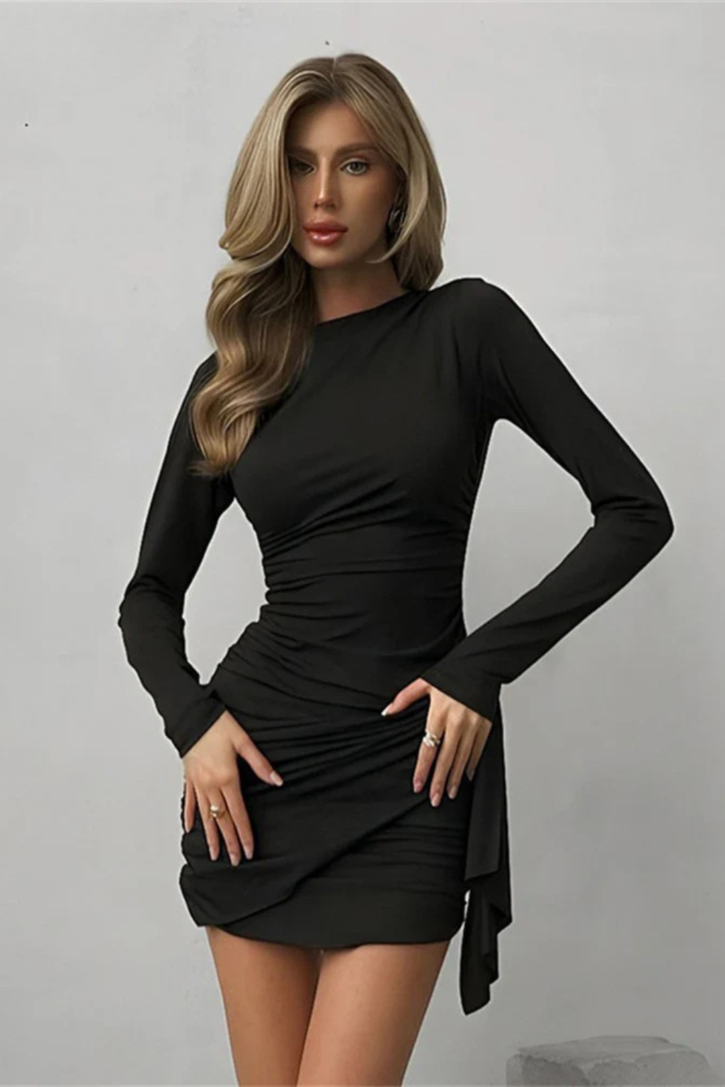 Damen Langarm-Minikleid mit Wickeloptik und Raffung