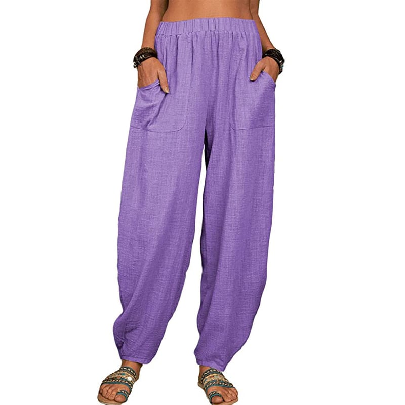 Leinenhose Damen mit Gummibund | Bequeme Haremshose aus Baumwolle-Leinen-Mix | Luftige Freizeithose mit Taschen für den Alltag