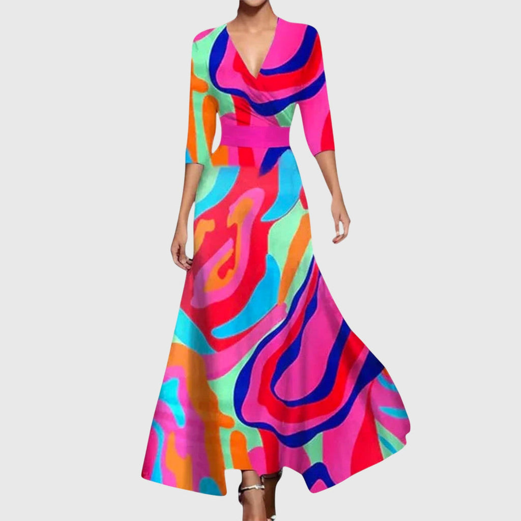 Maxikleid Damen mit V-Ausschnitt und Blumenmuster | Elegantes Wickelkleid mit kurzen Ärmeln für festliche Anlässe und Sommer