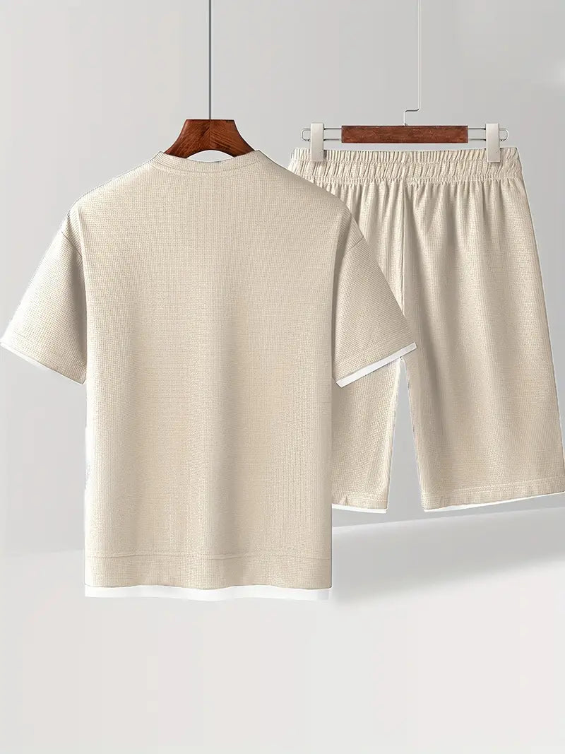 Waffle Knit Set for Men | Short Sleeve T-Shirt and Shorts Two-Piece | Breathable Casual Set with Drawstring | Relaxed Fit
